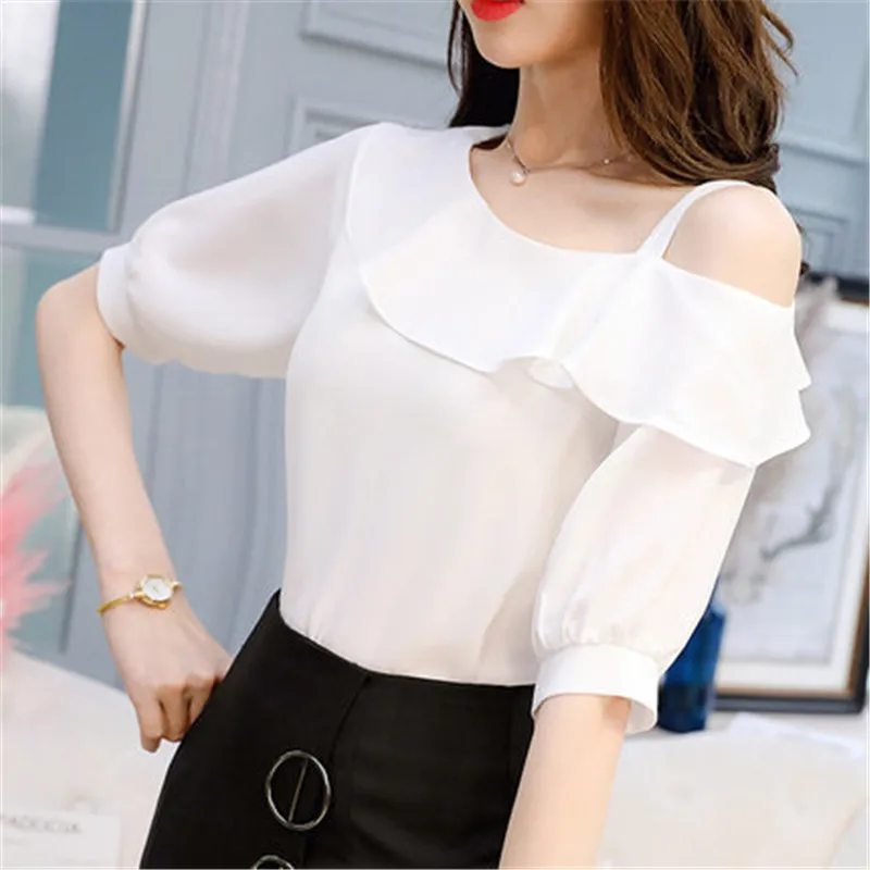 

New 2019 Summer Sexy Casual Women Blouse Shirt Plus Size 2XL Female Loose Slim Chiffon Shirt Half Sleeve Tops White blue D025
