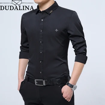 

Dudalina Men Shirt 2020 Long Sleeve Shirt Male No pocket Casual Embroidery Formal Business Man Shirt Slim Fit Designer Dress
