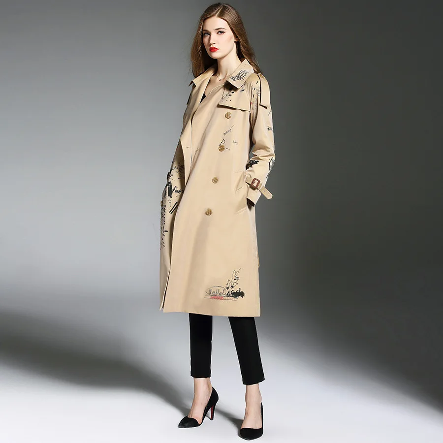 Fashion women 's print Trench coat Spring Autumn england style double breasted belt windbreaker coat Chic lady wind coat D498
