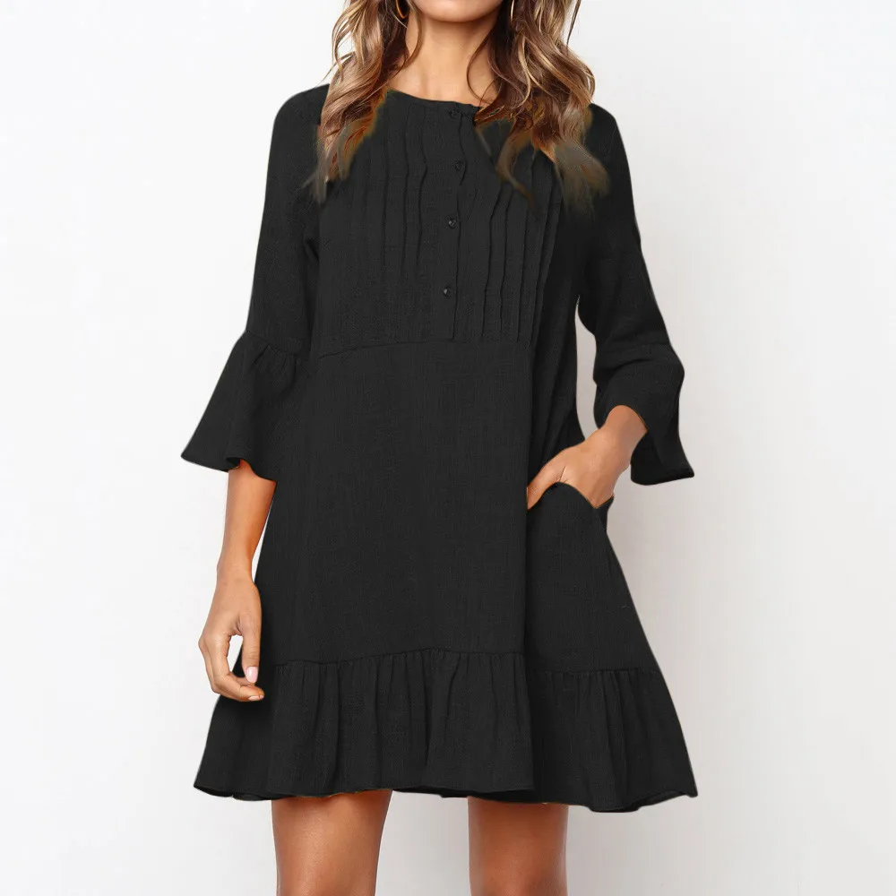 Buy Autumn Winter Dress Women Flare Sleeve Button