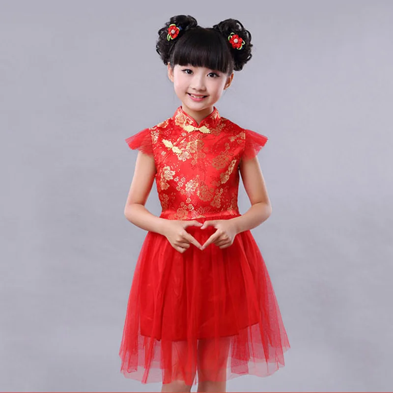 Retail Girl Red Cheongsam Chinese Style Tulle Bubble Dress