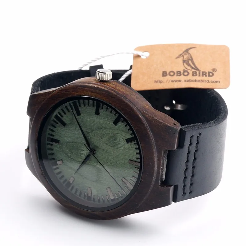 BOBO BIRD Nature Ebony Wooden Quartz Wrist Watch Green Wood Dail for Men Women with Genuine Leather Band in Gift Box