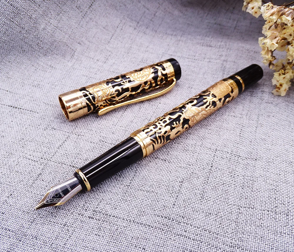 Jinhao 5000 черный золотой авторучка и роллер с настоящим кожаный пенал мешок промытый воловьей пенал для ручек набор для письма