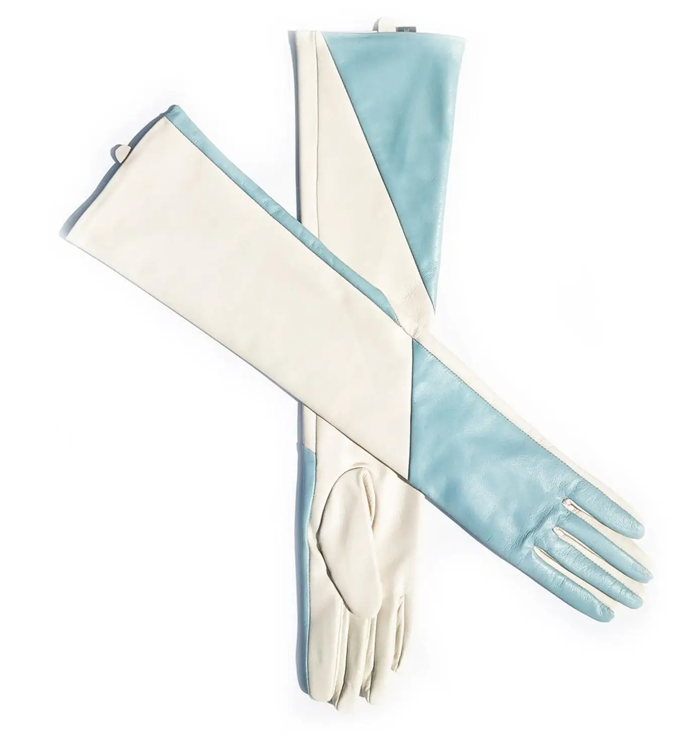 Женские кожаные перчатки, выполненные на заказ, длинные, косой, два цвета, светло-голубые и бежевые