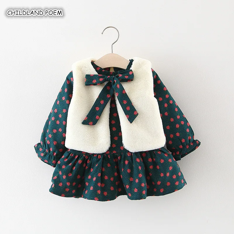 Baby Girl Dress Winter Baby Girls Clothes Floral Velvet Warm Baby Dress+ Faux Fur Vest vestido infantil Christmas Birthday Dress