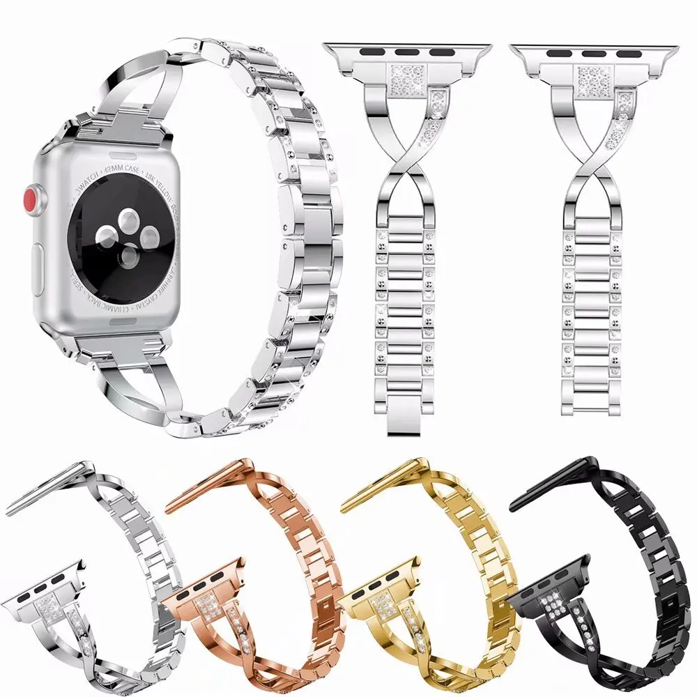 Бриллиантами браслет для наручных часов из нержавеющей стали для Apple Watch Смарт i-Watch 38/40/42/44 мм металлический ремешок полос 4G розово-Золотой Серебряный наручный браслет