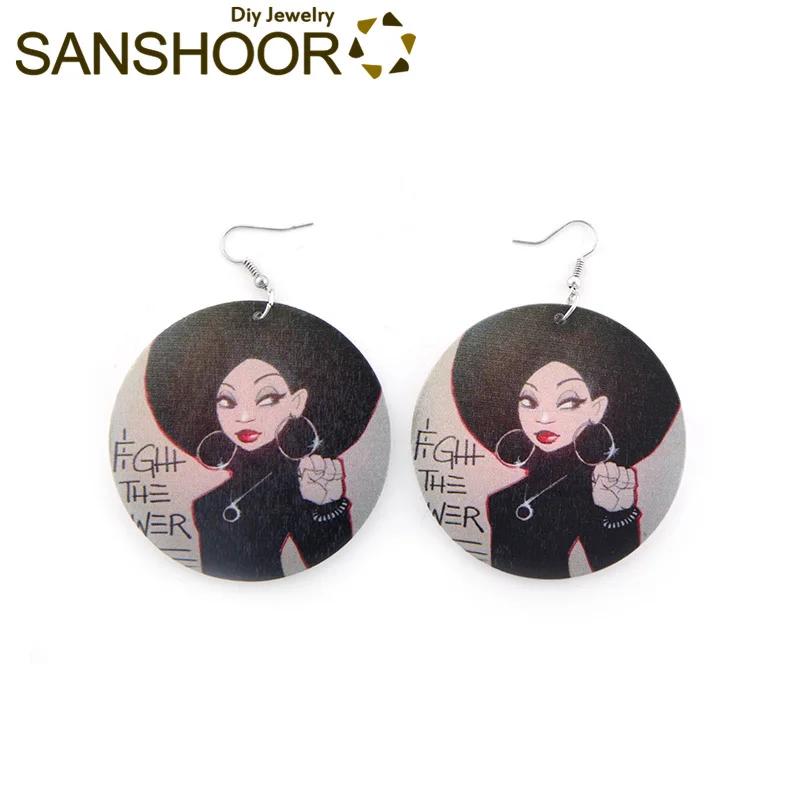 

SANSHOOR 60mm Diameter Afro Wood Earrings African Queen Wooden Dangler Lightweight Pick for Black Girls Gift of Birthday 1 Pair