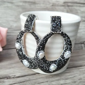 

3 Pairs pearl bead handmade pave Black rhinestone round shape charm big dangle earring for women ER356