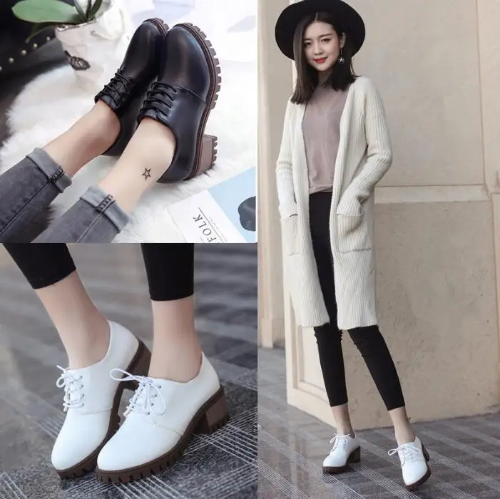 Style forme Printemps Plate 2018 Dentelle Mi Talon En Femmes Cuir Britannique Noir Hiver up Split Chaussures blanc B631 Oxford Effgt OwIxdq75w