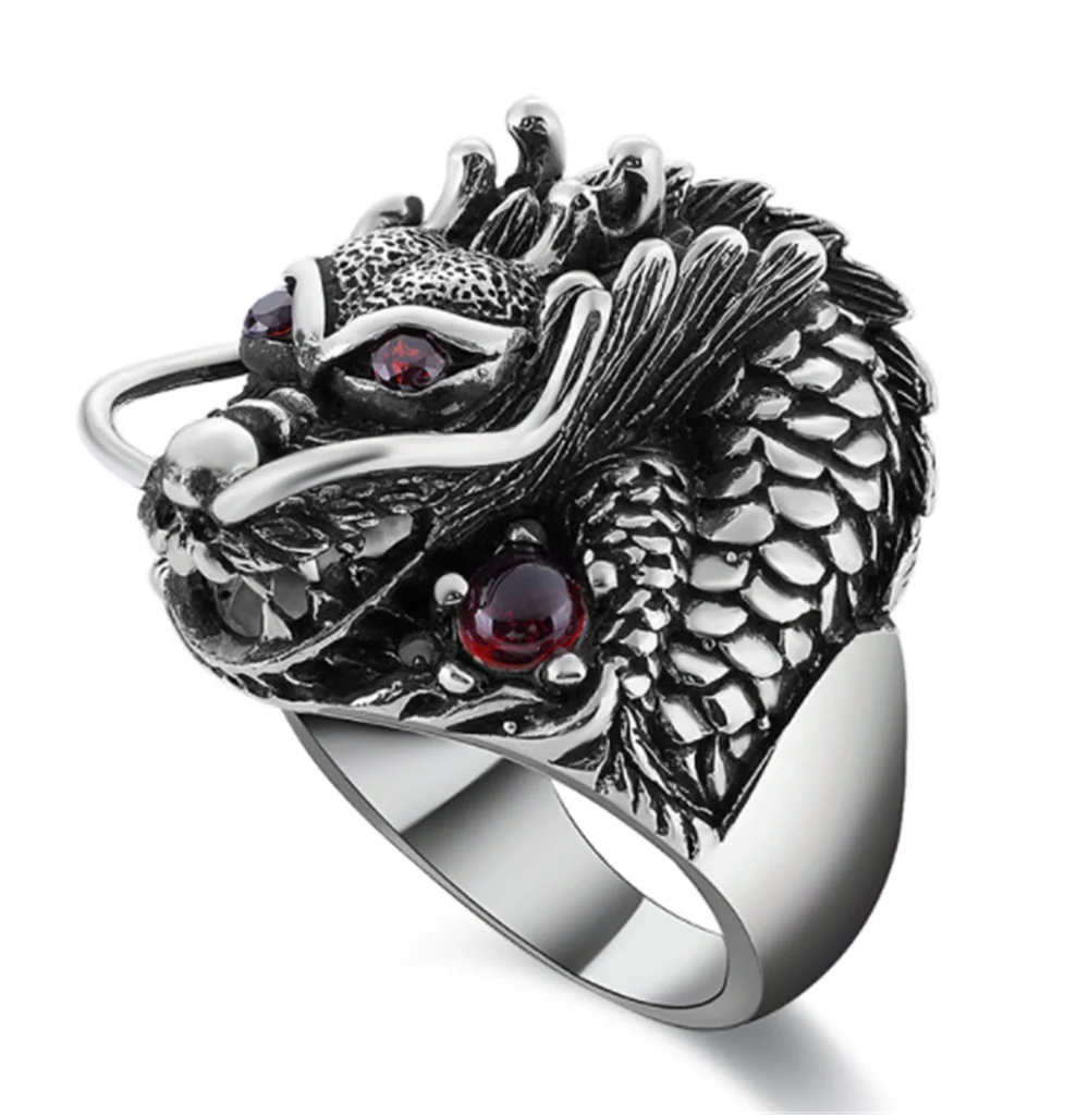 

Male Metal Silver Red Zircon Dragon Couple Biker Rings Punk Gothic Jewelry For Men Punk Rock Style Red Stone Dragon Head Rings