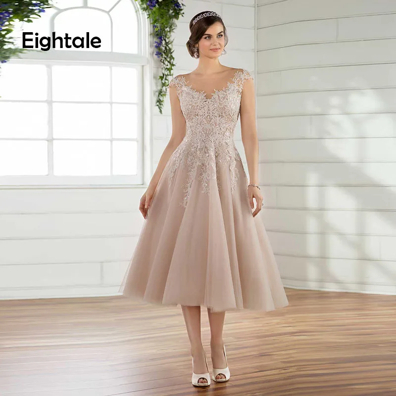 

Eightale Short Wedding Dress Beach O-Neck A-Line Appliques Tea Length Boho Wedding Gowns Princess Champgne Bridal Dress 2019