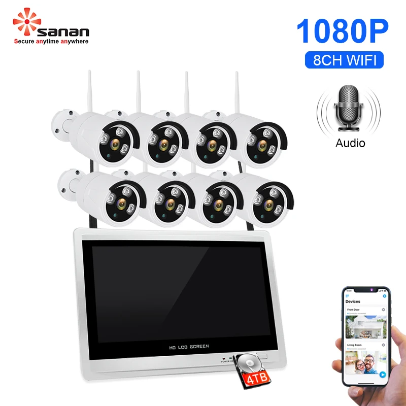 

Sanan 8CH 1080P Wireless NVR Kit 12.5" LCD Monitor Security Camera System Wifi Waterproof Security Camera Set Surveillance Kit