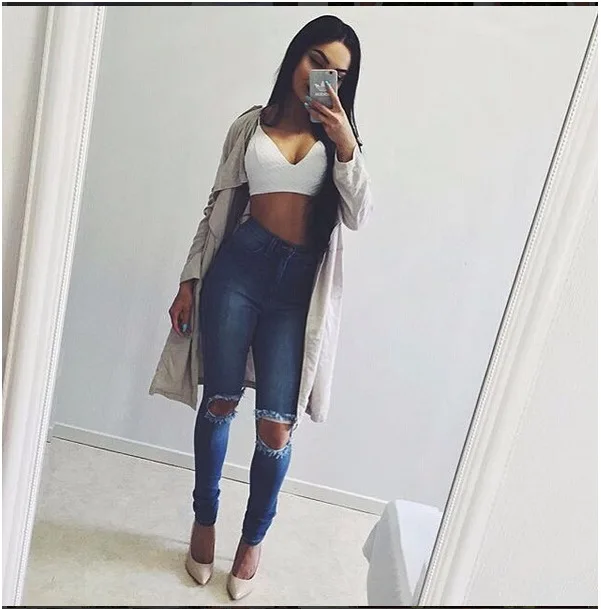 BKLD Slim Jeans For Women Skinny High Waist Jeans Woman Blue Denim Pencil Pants Fashion 2019 New Women Hole Jeans Pants