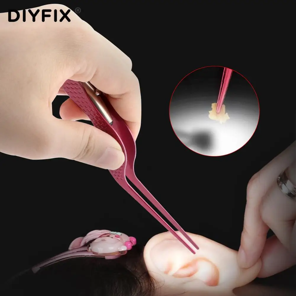 스테인리스 스틸 LED 손전등 장착 귀이개 청소 핀셋, 귀지 큐렛 리무버, 코 배꼽 청소 제거 케어 도구