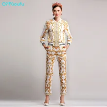 Runway 2017 High Quality Autumn Winter Women Two Piece Set Khaki Long Sleeves Print Jacket + Luxury Fashion Long Pants Set Suit