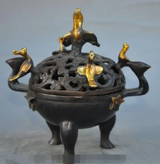 

S1349 mark chinese bronze gilt Carved flower phoenix bird statue incense burner Censer discount 30% (C0324)