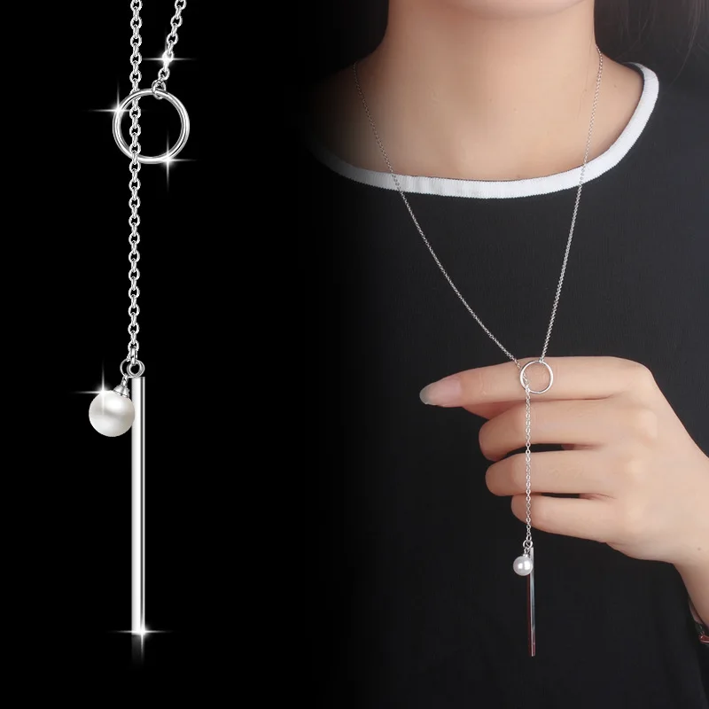 Simple Style Rhinestone Dangling Pearl Necklace Women's Silver 925