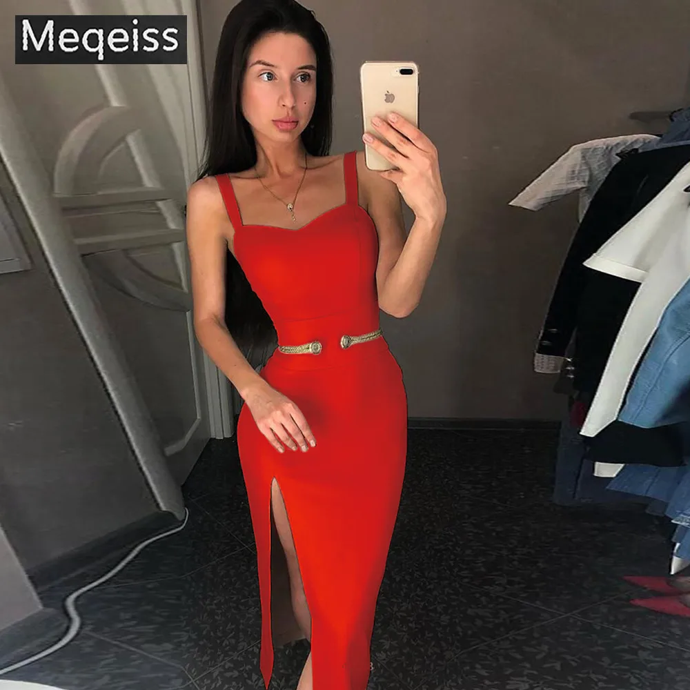

MEQEISS New Sleeveless Bandage Dress Vestidos Verano 2019 Summer Women Evening Party Dresses Sexy Split Night Out Club Dress