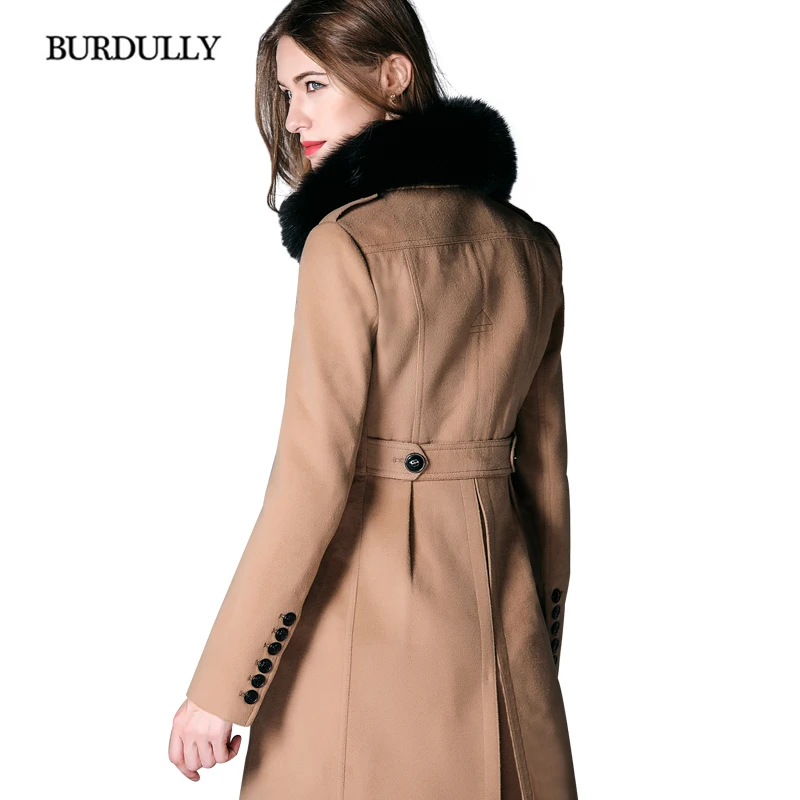 BURDULLY 2019 осень зима теплый меховой воротник шерстяное кашемировое пальто женское