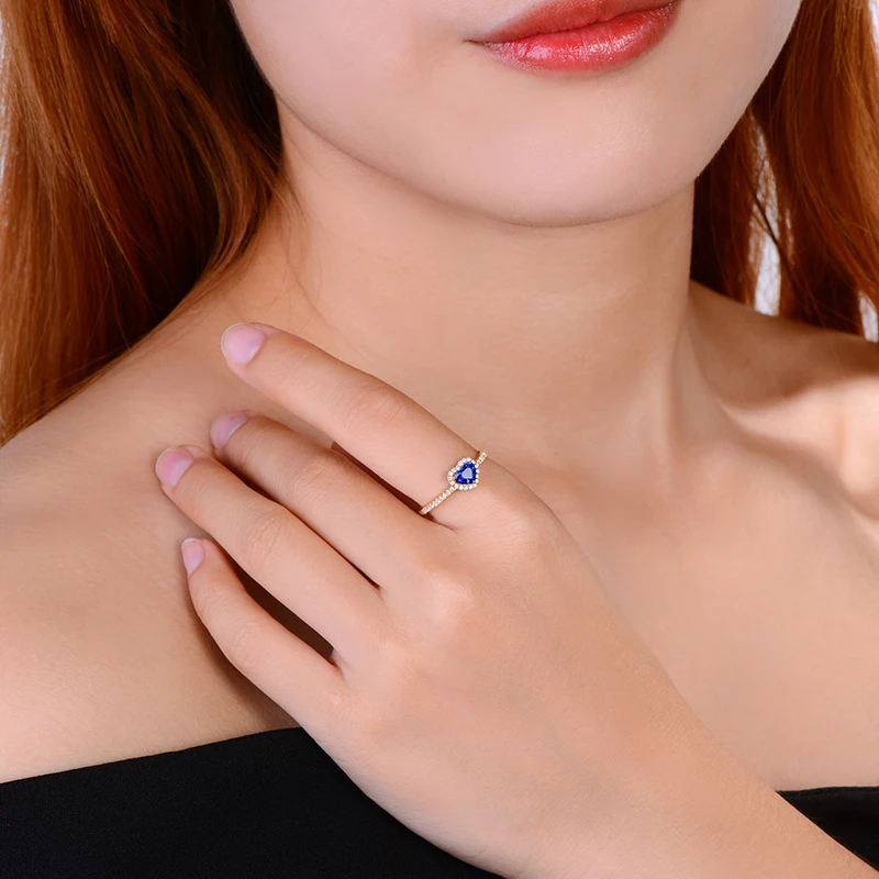 Caimao Heart Shape 0.60ct Natural Blue Sapphire 14k Yellow Gold Halo Diamond Engagement Ring For Women image 5