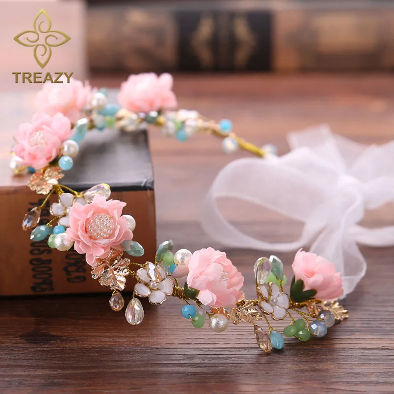 Elegant Crystal Pearl Pink Flower Tiara Hairband Bride Wedding Jewelry Headpiece 