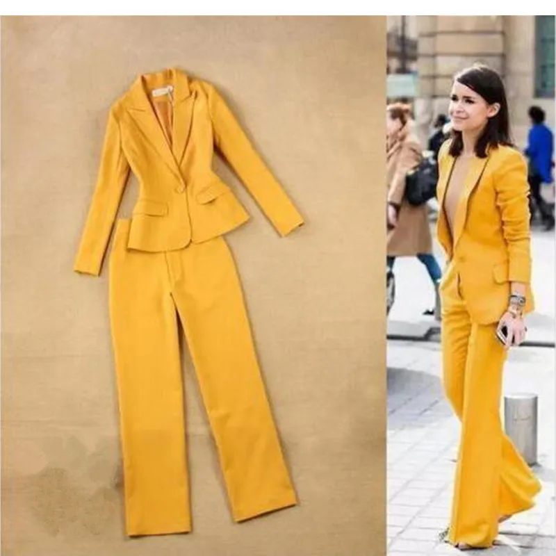 Women Pant Suits Yellow Slim Ladies Custom Made Business Office Tuxedos