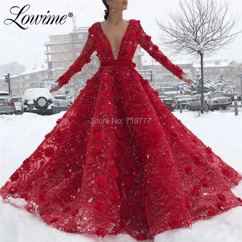 

Deep V Neck Evening Dress A Line Flower Party Dresses 2019 Long Sleeves Prom Gowns Vestido De Festa Arabic Dubai Dresses