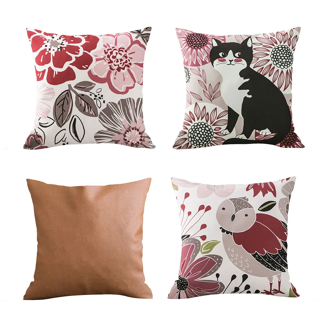 

New Style 4PCS Dakimakura Flower and Animal Super Soft Leather Flax Pillow Case Cartoon Bird Cushion Cover cojines rectangulares