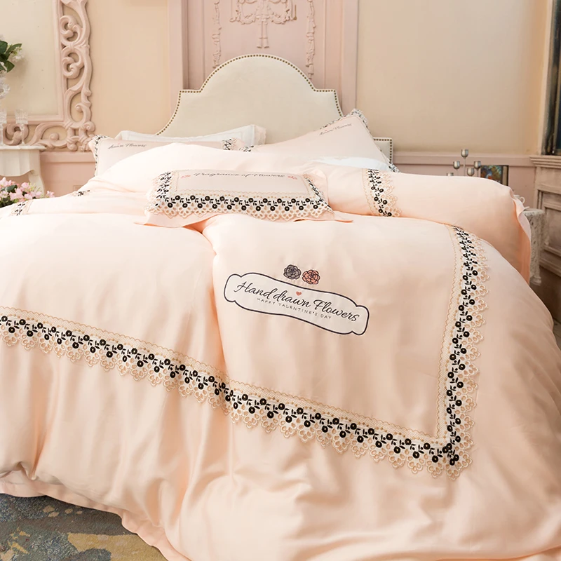 Perfect 2018 Luxury 4pcs King Size blue pink tencel Bedding Set embroidery lace Duvet Cover Sets Pillowcases Pillow Covers 4