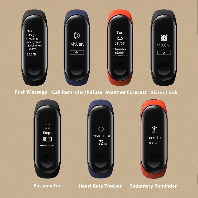 Original Xiaomi Mi Band 3 Global Version Multi-language Band3 Smart Wristband Bracelet Touchscreen Reject-Call Pulse Heart Rate
