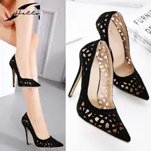 2017 Spring Summer Ladies High Heel Pumps Shoes Sexy High Heel Pointed Toe Cut Out Pumps Ladies Party Shoes Black Big Size 40