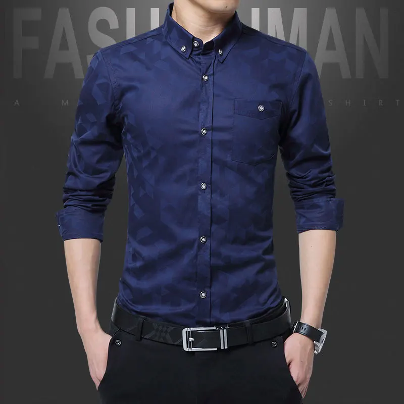 Горячая Распродажа новые модные повседневные мужские рубашки с длинным рукавом жаккардовые переплетенные облегающие рубашки мужские хлопковые мужские рубашки мужская одежда 5XL - Цвет: Синий