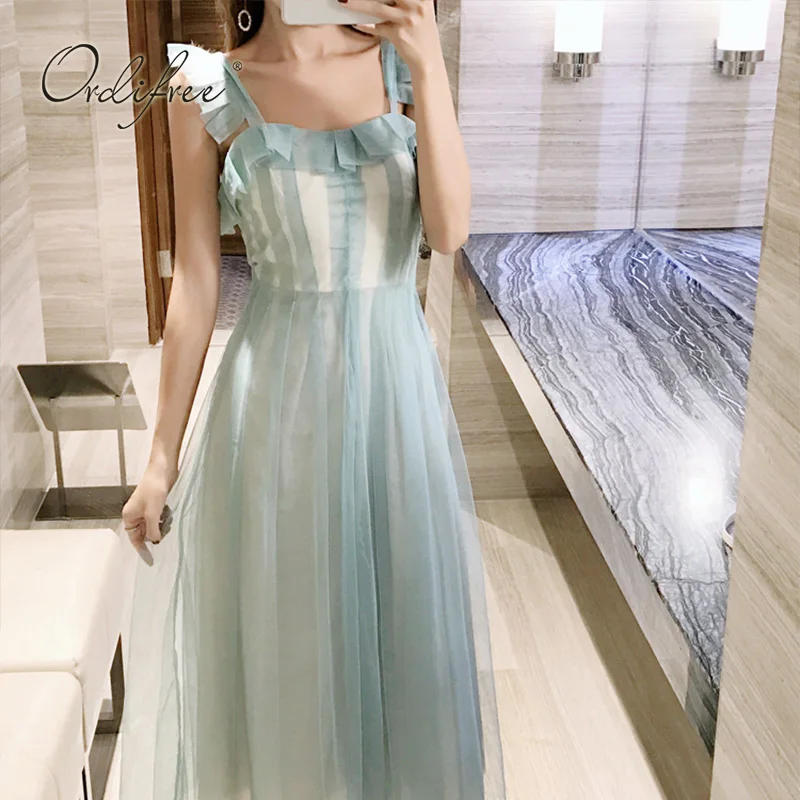 

Ordifree 2019 Summer Elegant Women Long Party Dress Spaghetti Strap Ruffle Mesh Sexy Maxi Tulle Dress