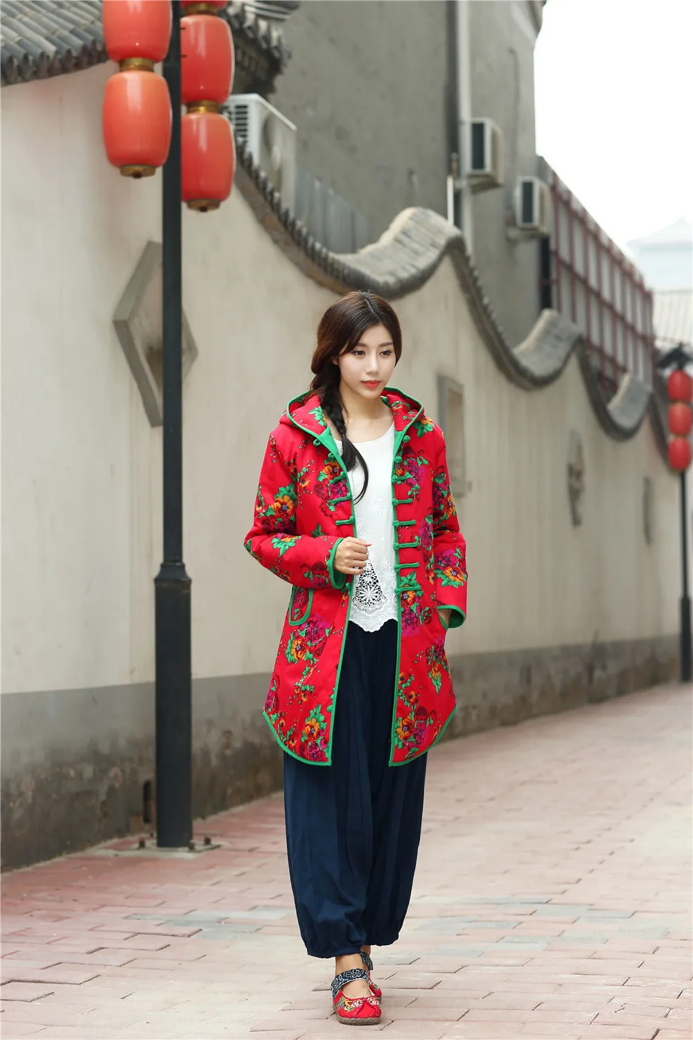 

Autumn and winter chinese style retro frog contrast color frog and print hooded jacket coat cotton padded jacket windbreaker