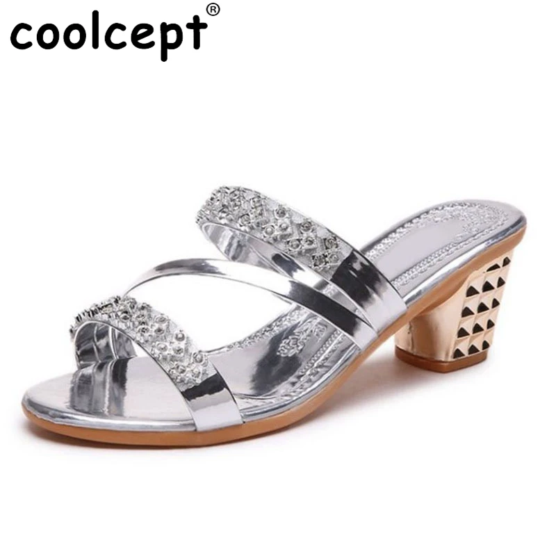 

Coolcept Women Crystal High Heel Sandals Open Toe Thick Heel Slippers Summer Daily Club Elegant Shoes Women Footwear Size 35-40