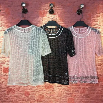 

2019 Unicorn Camisetas Blusa Perspective Sexy Wild Heavy Industry Embroidered Beaded Round Neck Sleeve Sequins Shirt Sets Of T