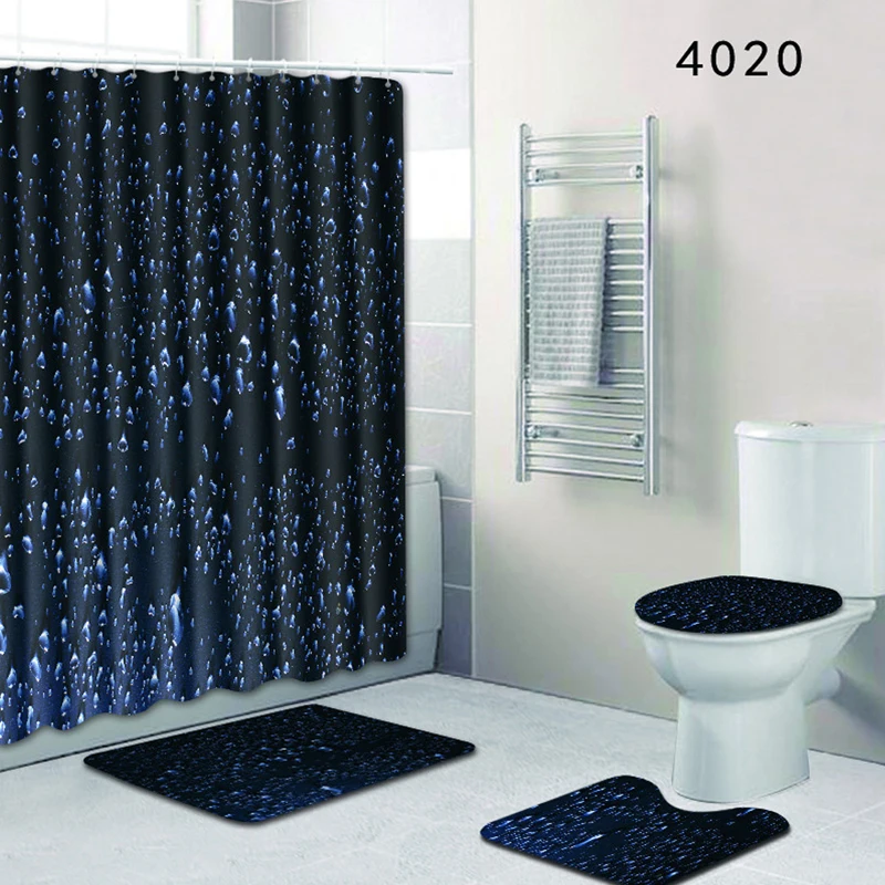 

HomeMiYN 2018 New Bath Mat Water Droplets Black 50X80cm Bath Rug Non Slip Waterproof Shower Curtain 12 Hooks 4pcs Bathroom Decor
