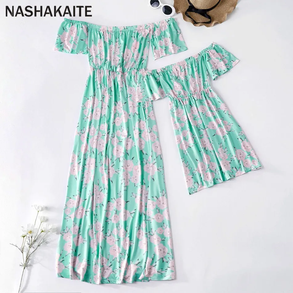 

NASHAKAITE Family Matching Dresses Mommy and me Clothes Off Shoulder Mint Green Floral Print Long Dress Mom and daughter dress