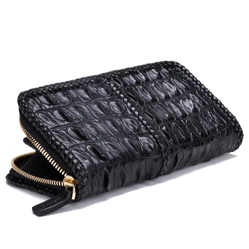 

Vintage Handmade Knitting Men Genuine Leather Card Holder Alligator Wallets Black Purses Clutch Vegetable Tanned Leather Wallet