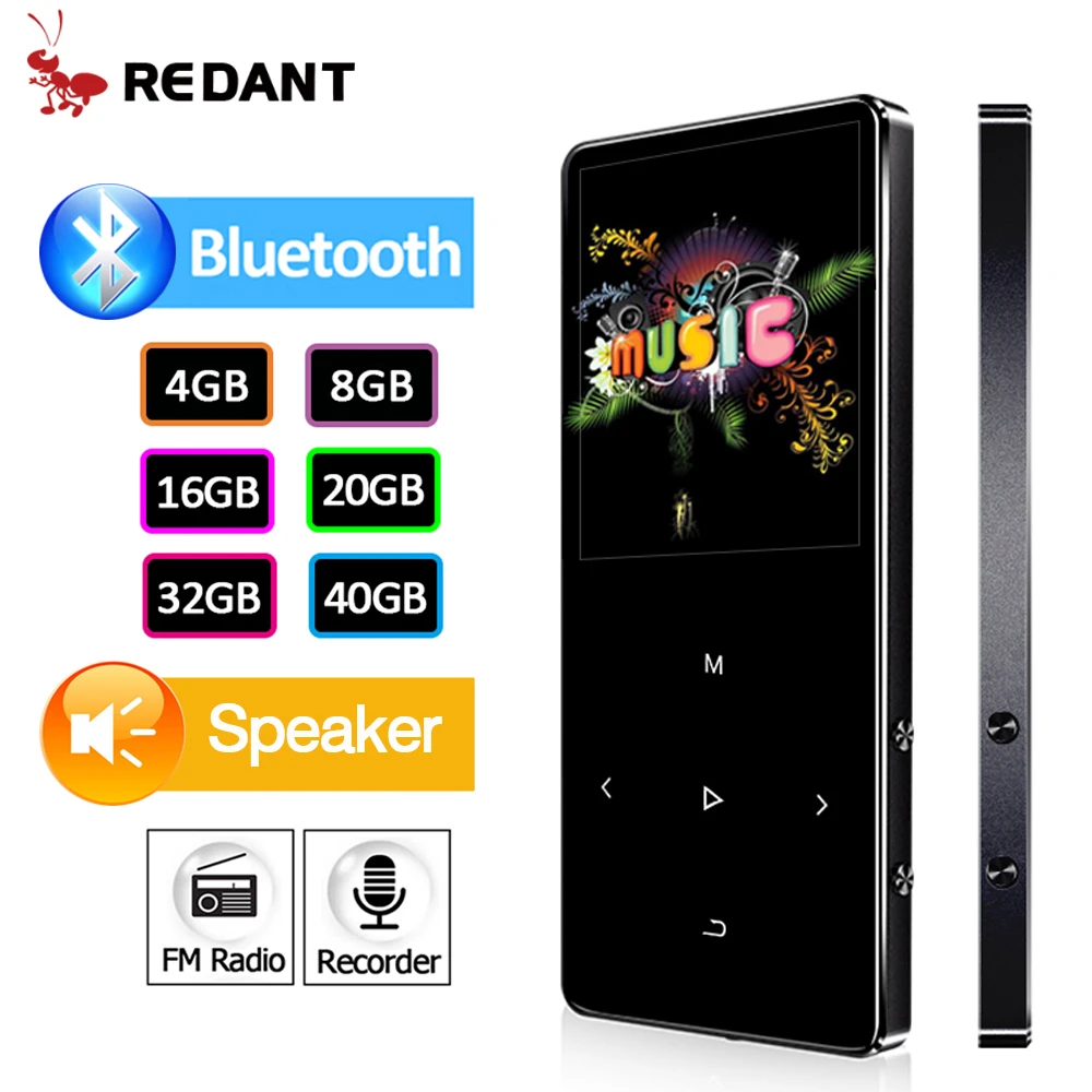 REDANT MP3 Player with Bluetooth 4.2 and 1.8 Screen touch keys hifi fm radio mini sport MP 3 music player portable metal walkman mp3player juice