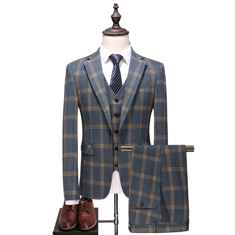 Мужская городская мода высокого класса на заказ британский плед свадебный банкет тонкий блейзеры 3 шт набор(костюм+ жилет+ брюки) M-5XL - Цвет: 6130 huang ge