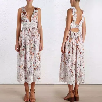 

New DRESS spring female dress printing water soluble lace Halter collar beach V Beach Resort