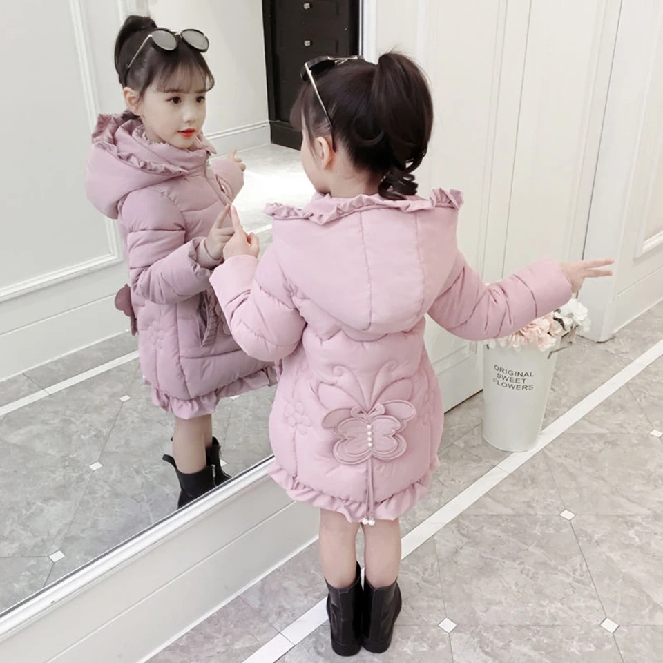 

3-10 Yrs Winter Hooded Collar 3 Colors Coat Children Jackets For Girls Parkas Kids Warm Outerwear Thicken Cotton-padded Coats