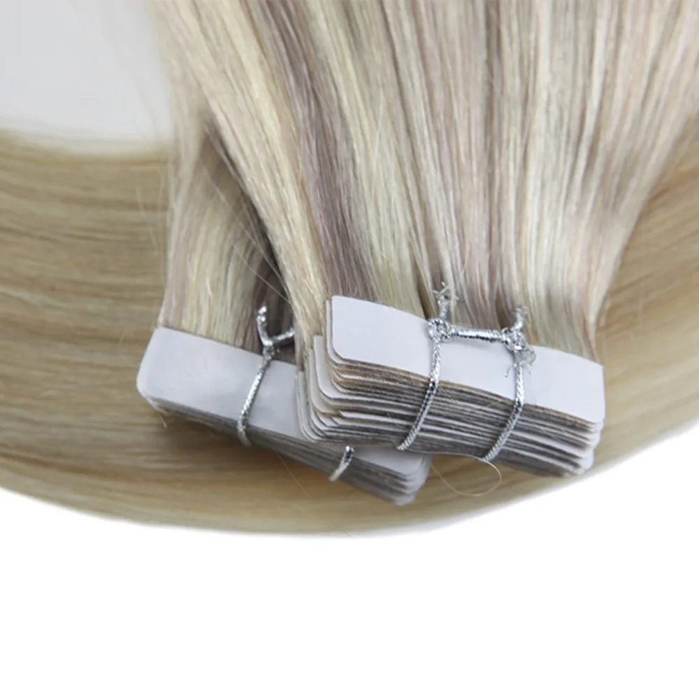 Moresoo Machine Remy Tape in Hair Extensions Balayage Ombre #18 Fading to #22 and #60 Blonde Tape in Extensions Natural Hair
