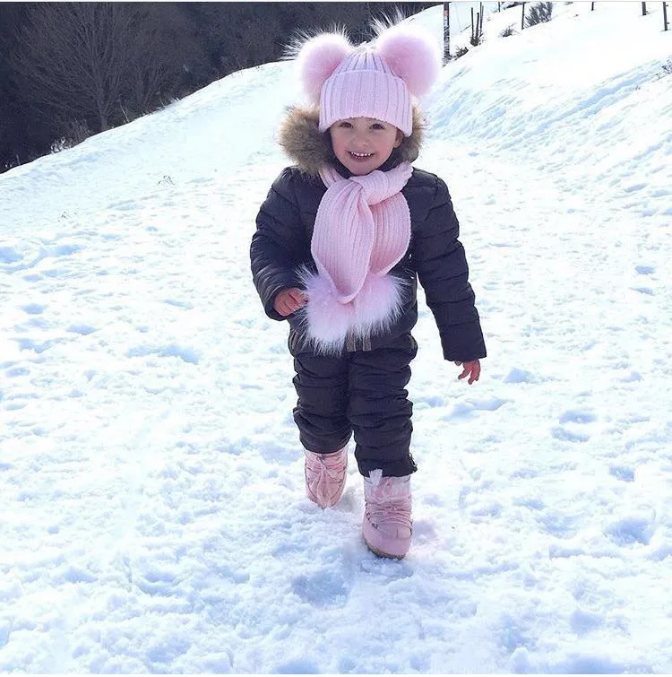 Bonnet et Écharpe Double Pom Pom de fourrure, Bonnets Enfants d'hiver