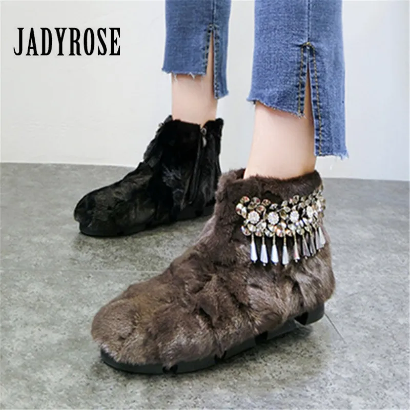 

Jady Rose 2018 Winter Warm Boots Mink Fur Snow Boots Flat Ankle Booties Crystal Decor Short Botines Mujer Ladies Shoes Flats