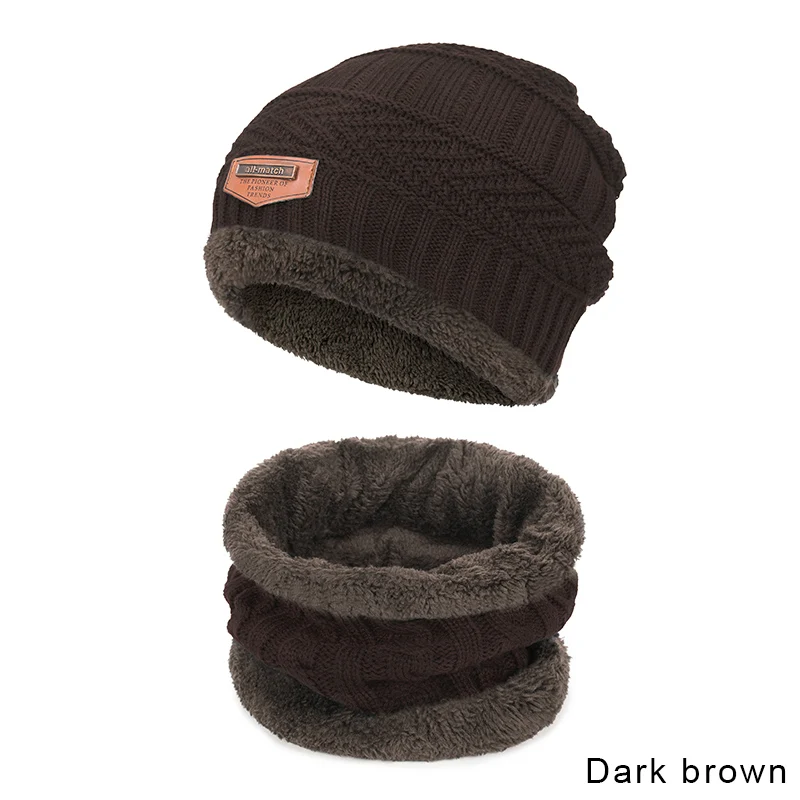 Детская зимняя шапка, шарф, набор для мальчиков и девочек, вязаные шапки, набор шарфов, плотный хлопок, бархат, теплая уличная одежда - Цвет: Dark brown
