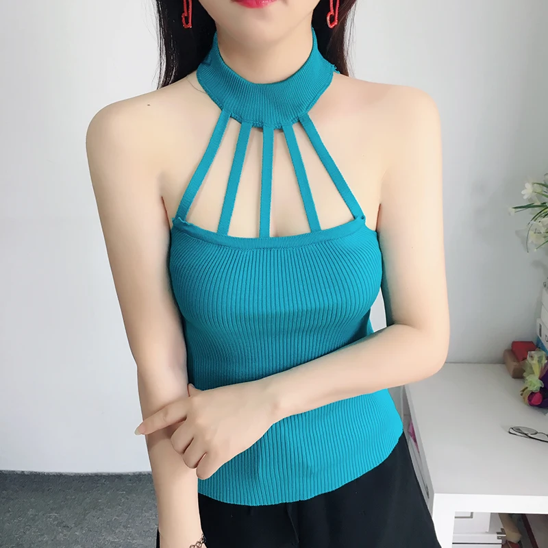 

Summer Women Slim Halter Neck Off-shoulder Camisole Tops Female Bodycon Tanks Sleeveless Basic Solid Thin T shirts Tees
