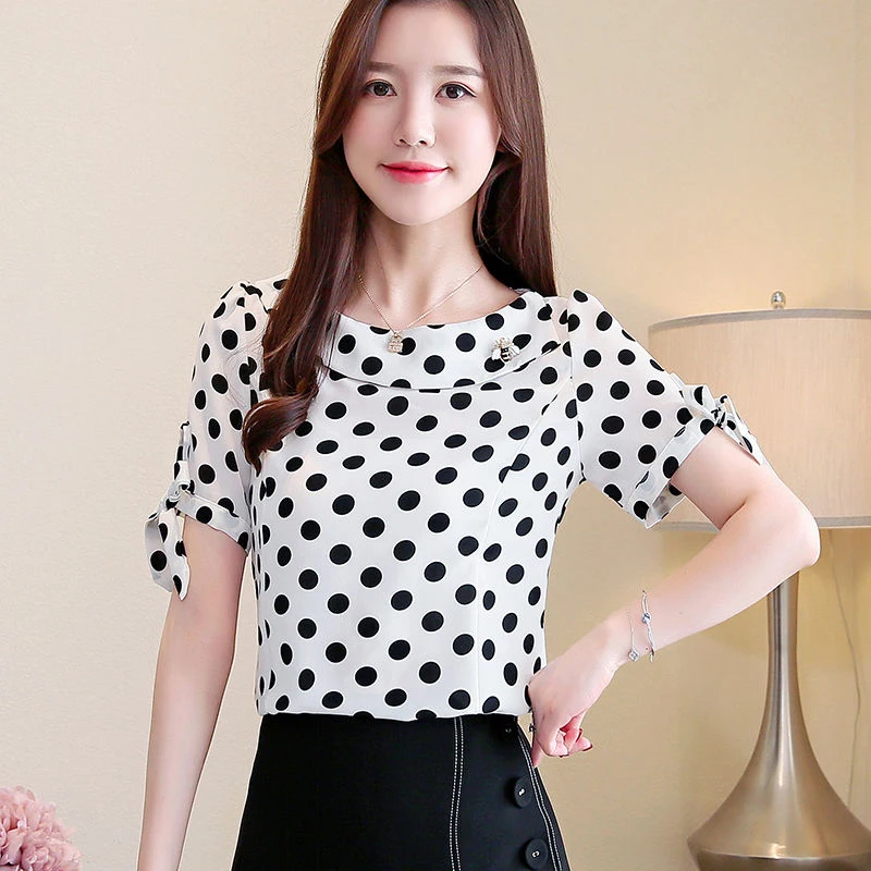 

Women Spring Summer Style Chiffon Blouses Shirts Lady Casual Short Sleeve Peter Pan Collar Polka Dot Blusas Tops DF2615