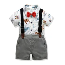 Комплекты летней одежды для малышей хлопковые детские костюмы из 4 предметов Одежда для маленьких мальчиков Боди с изображением животных+ галстук-бабочка+ подтяжки+ шорты